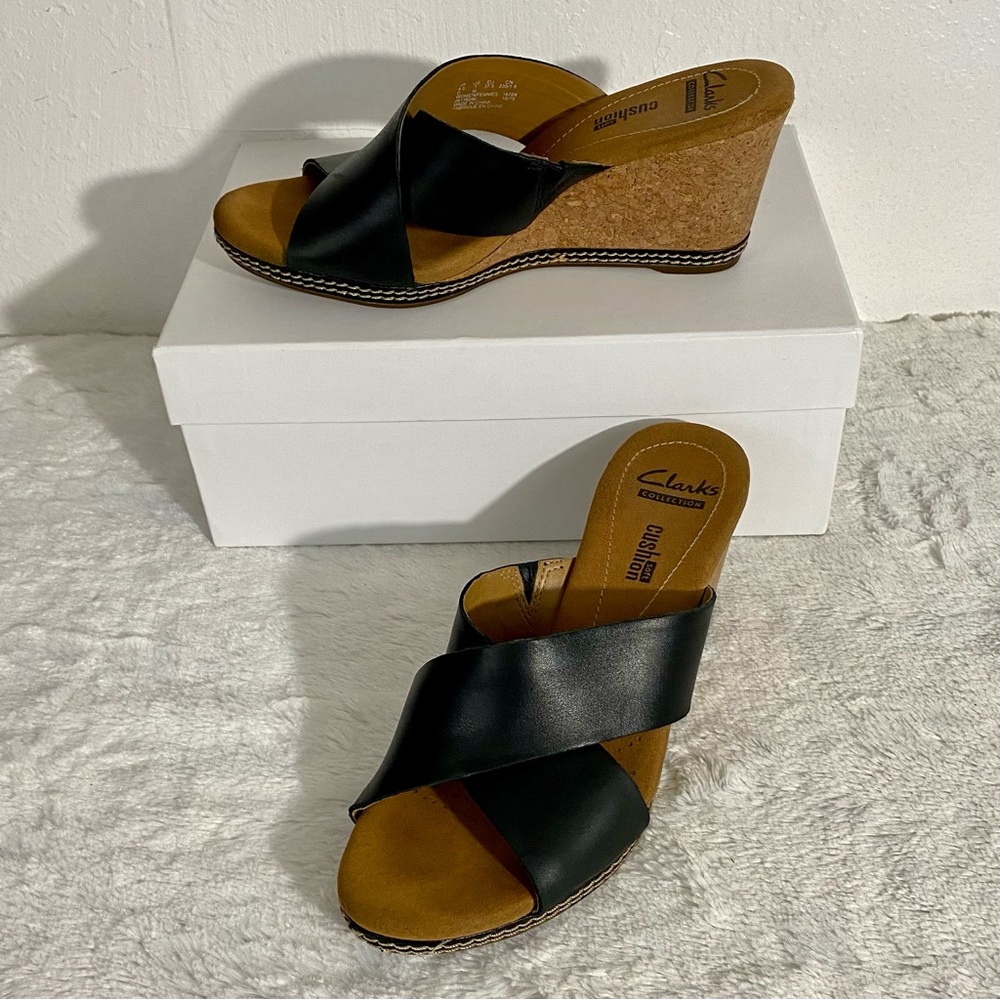 Clarks Collection Black Leather Helio Cork Wedge Slide Sandals Women’s Size 7